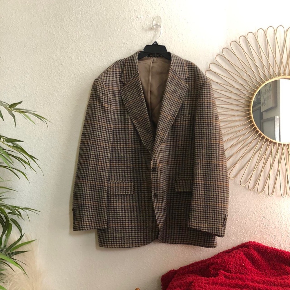 70s VTG Union Hunter Haig Brown Windowpane Plaid WOOL Suit Sport Coat Blazer 44